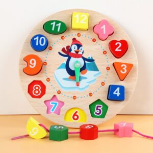 Mainan Edukasi Jam Penguin dan Meronce / Jam kayu / Jam geometri / Puzzle Bentuk / Mainan Kayu